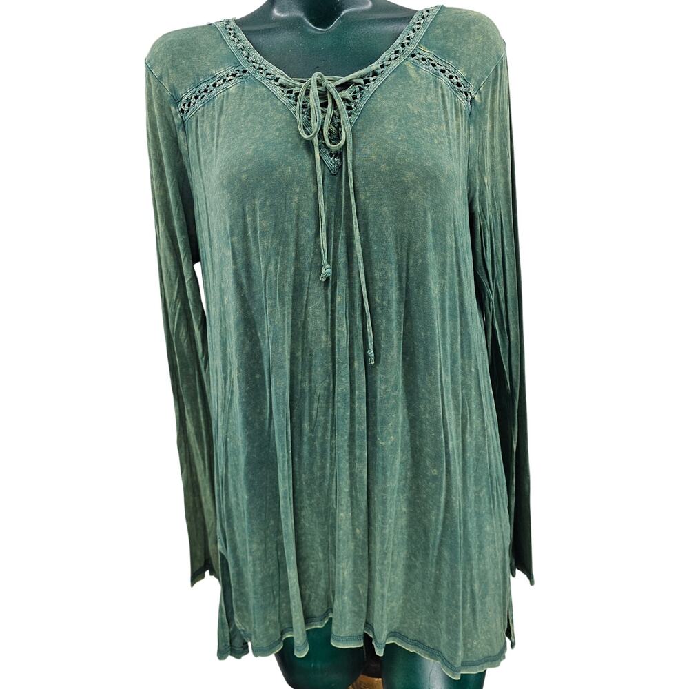 Kori America sage green mineral washed tunic top blouse relxed flowy L 4123